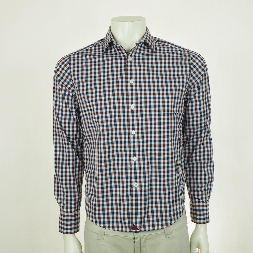 Untuckit Button Down Shirt Mens Small Red Blue Plaid Aubert Slim Fit Nylon Blend